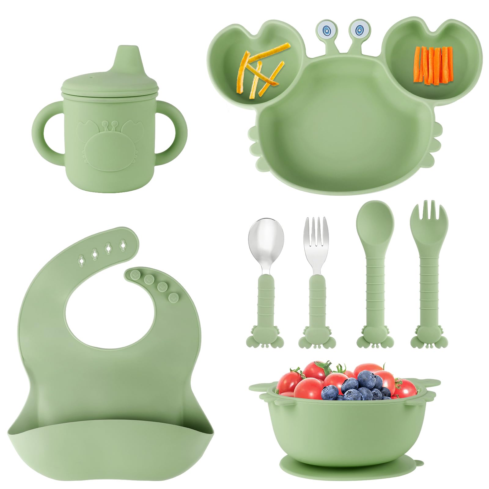 Silicone Baby Feeding Set with BPA-Free Suction Plates, Bowl, Silicone Bibs, Sippy Cup, 2 Set Forks and Spoons for Babies 8PCS Baby Led Weaning Supplies Self Feeding Utensils for Toddlers Kids (Green)