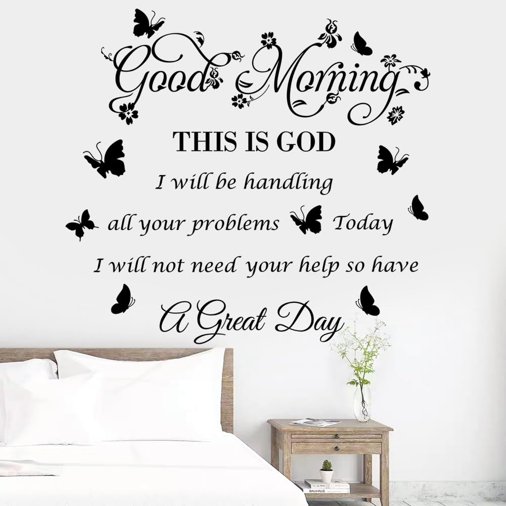 Bible Verse Wall Stickers Inspirational Quote Good Morning This is God Wall Decals Religious Wall Stickers Flower Butterfly Wall Decal for Bedroom, Living Room Office Bathroom Wall Decoration.