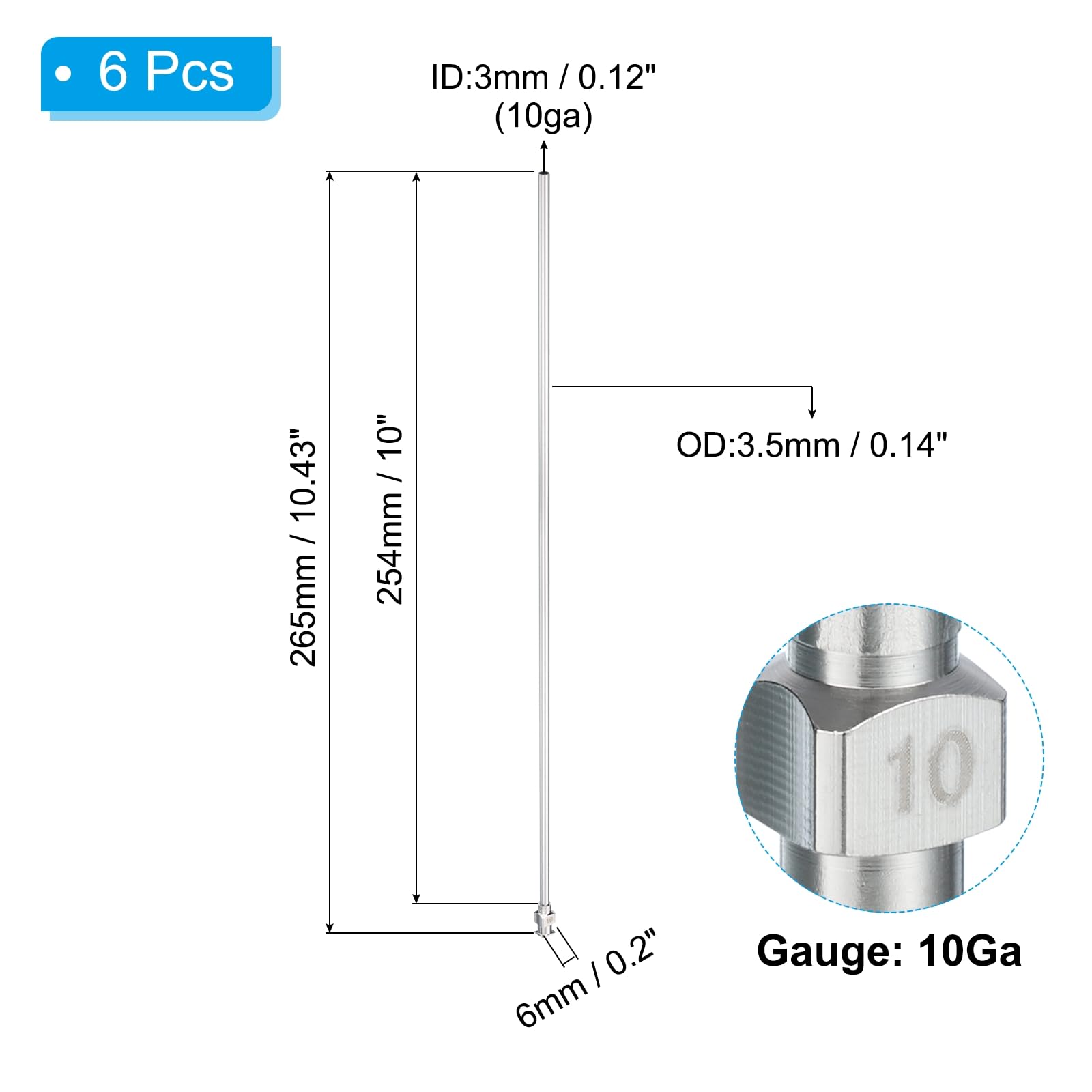 PATIKIL 10Ga x 10 Inch Stainless Steel Dispensing Needle Tips, 6Pcs Metal Glue Needle Tube Blunt Tips Luer Lock for Thick Glue Ink Lab, Silver