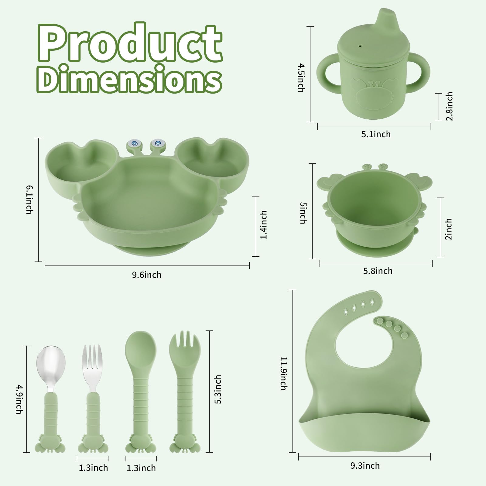 Silicone Baby Feeding Set with BPA-Free Suction Plates, Bowl, Silicone Bibs, Sippy Cup, 2 Set Forks and Spoons for Babies 8PCS Baby Led Weaning Supplies Self Feeding Utensils for Toddlers Kids (Green)