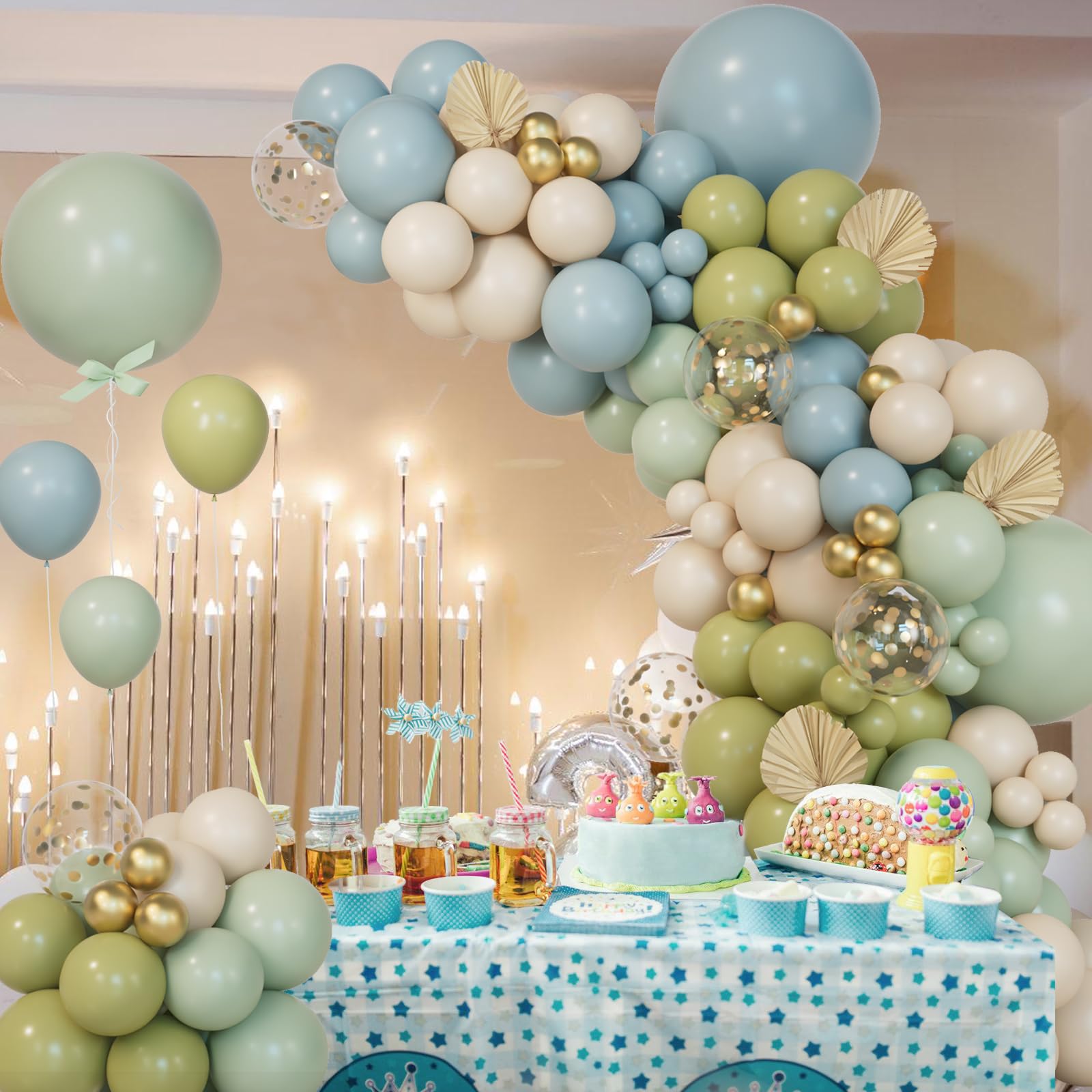 161Pcs Dusty Green and Blue Balloon Garland Arch Kit,Dusty Green Ash Mist Green Haze Fog Blue Sand White Gold Balloons for Birthday Baby Shower Jungle Safari Neutral Wedding Party Decorations