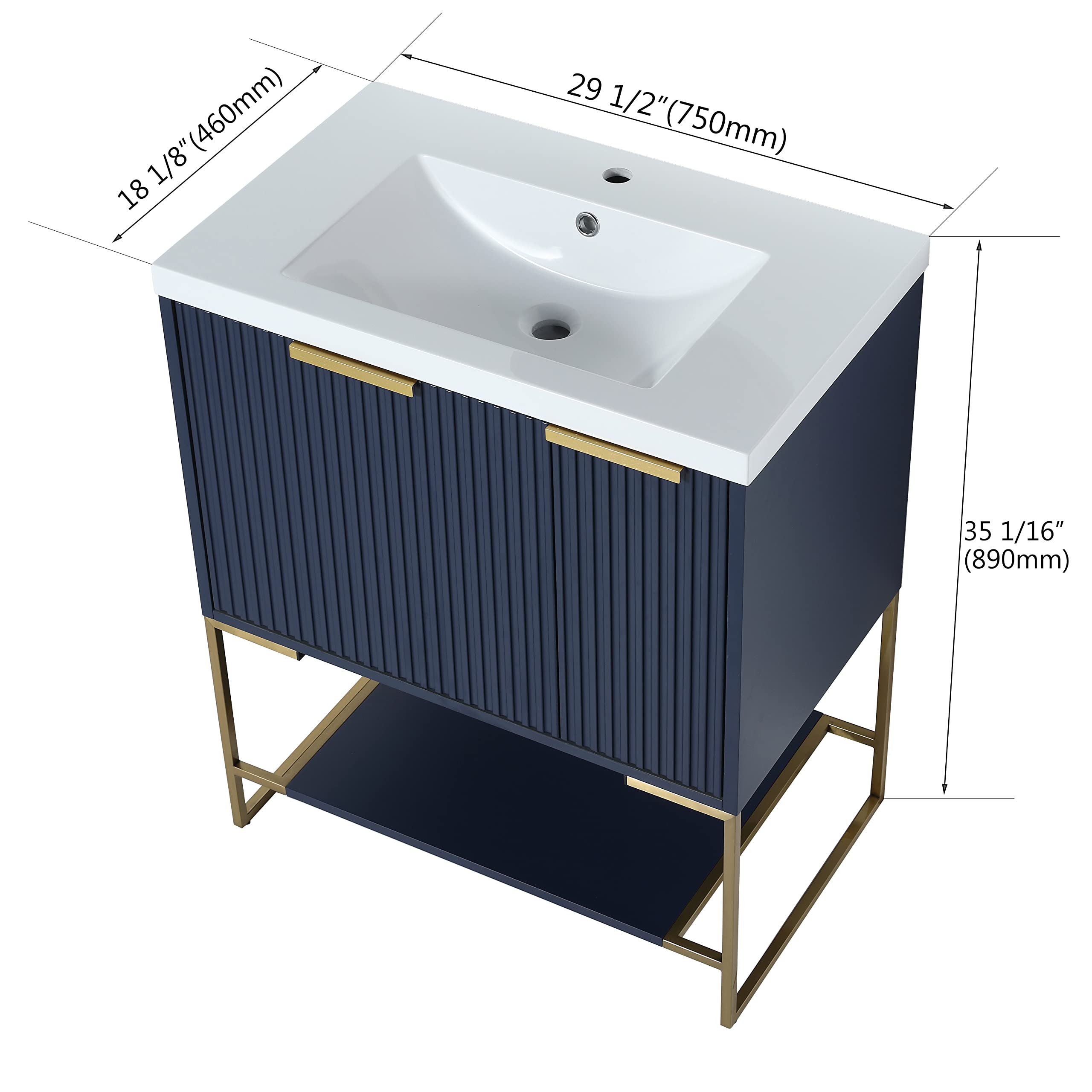 CuisinSmart 30" Bathroom Vanity with Resin Sink, Bathroom Storage Cabinet with Soft Close Doors & Drawers, Bath Vanity with Open Shelf and Metal Pedestal Navy Blue