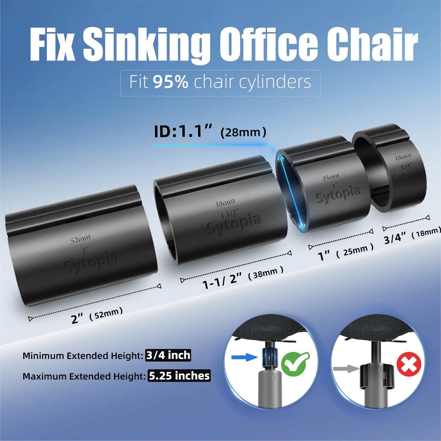 Sytopia Fix Sinking Office Chair, 4 Pieces Chair Clamps for Chair Height Extenders, No Chair Cylinder or Tools required, up to 5 Inch, Office Chair Accessories Fit for 95% Swivel Chairs