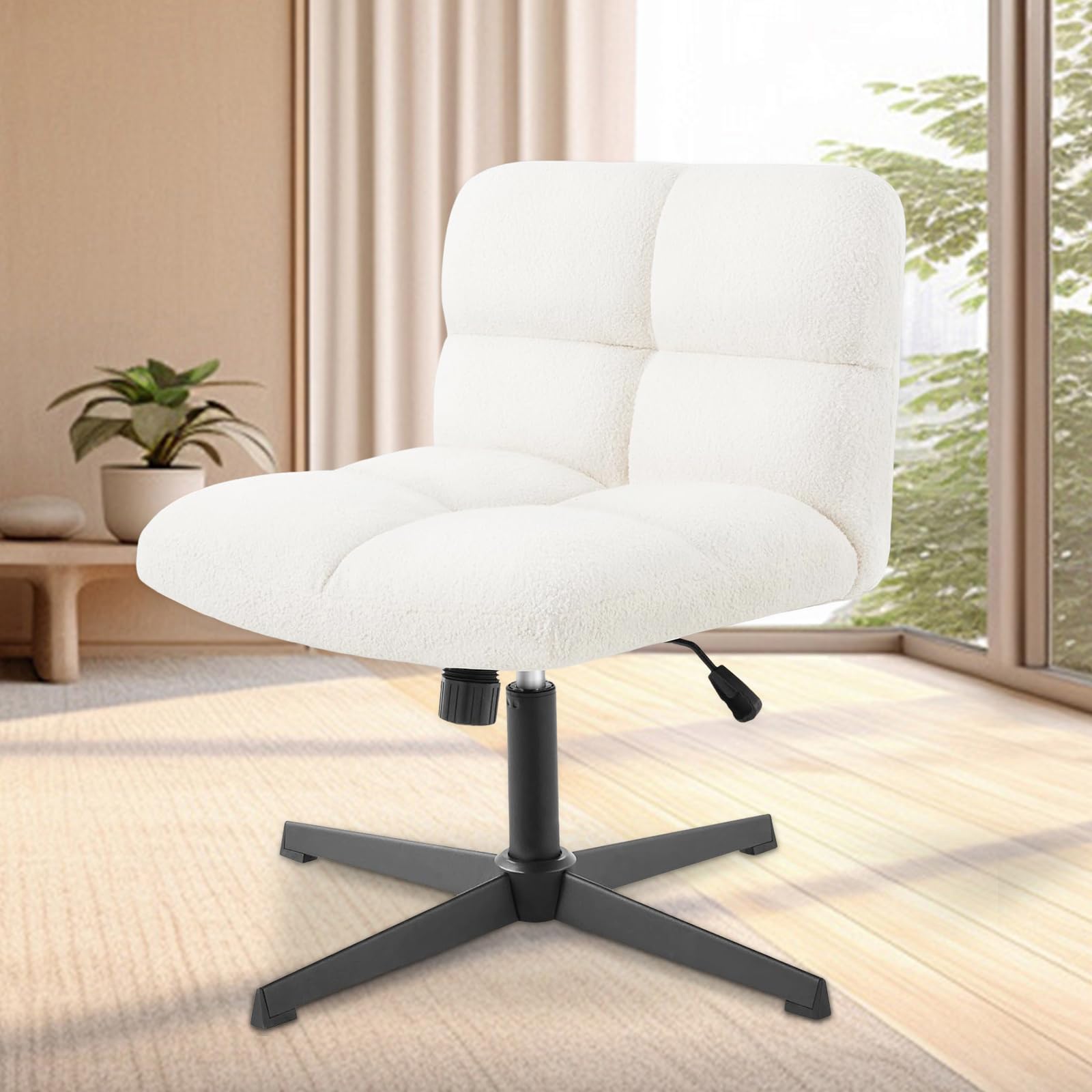 Criss cross chair, Thickened soft cushion,Cross-legged office chair in velvet fabric without arms and without wheels, adjustable tilt, height, make-up, office, home can use crisscross chair.（White）