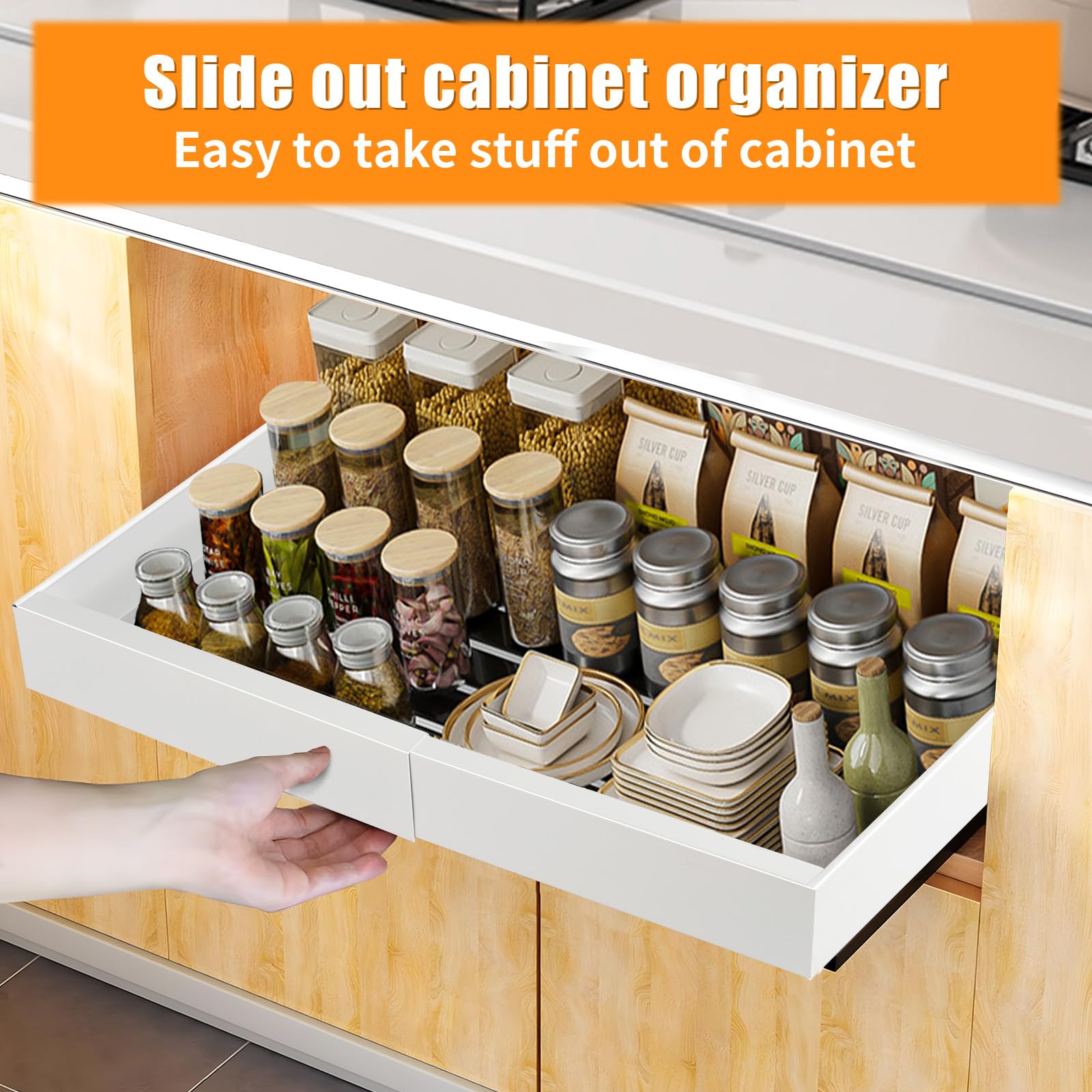 2 Pcs Pull Out Cabinet Organizer, Expandable(12.4"-20.5") Pull Out Drawers for Cabinets Slide Out Drawers for Kitchen Cabinets with Adhesive Nano Film Mounting Adjustable for Kitchen, Pantry (White)