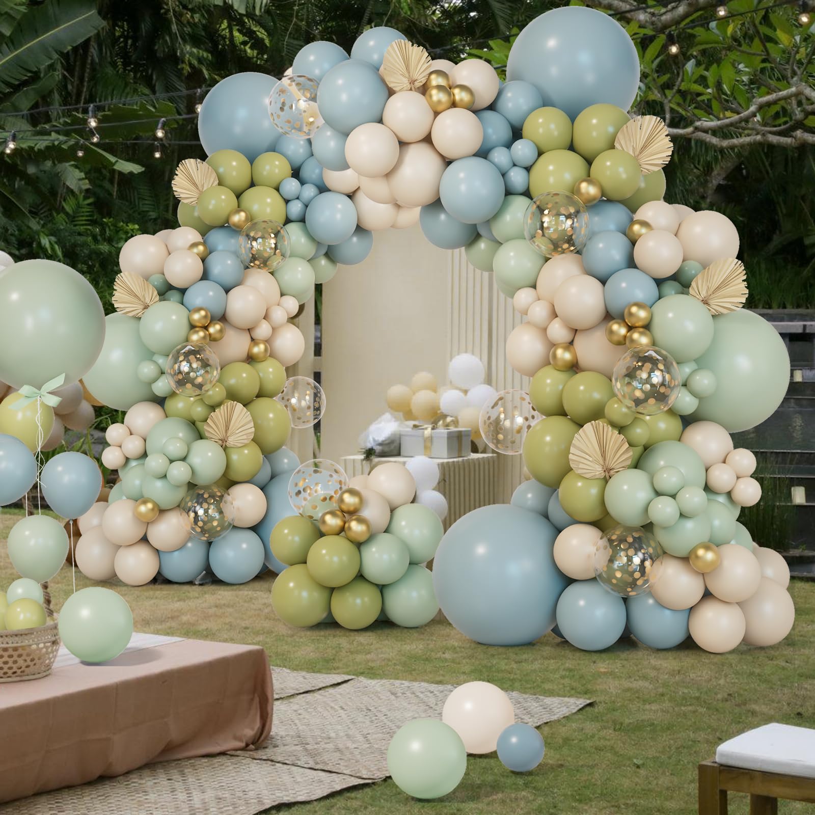 161Pcs Dusty Green and Blue Balloon Garland Arch Kit,Dusty Green Ash Mist Green Haze Fog Blue Sand White Gold Balloons for Birthday Baby Shower Jungle Safari Neutral Wedding Party Decorations