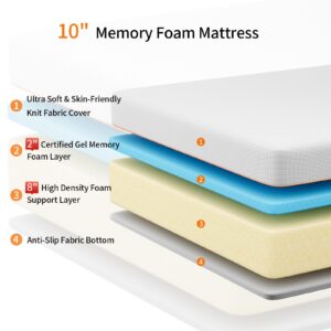 wowttrelax Full Memory Foam Mattress 10 inch, 54''x75'', 2 Layer for More Supportive and Pressure Relief, Medium Firm Mattress, Soft Removable Cover Mattress Grey White