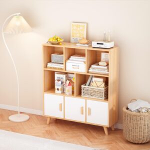 OSCHF Cubby Shelf Bookcase with Doors - Wooden 8 Cube Floor Standing Open Bookshelf with Solid Wood Legs, 3-Tier Storage Cabinet, Oak and Warm White