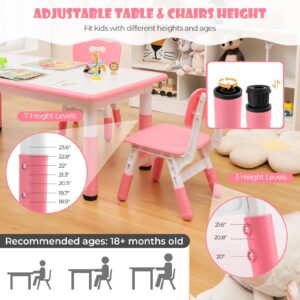 HONEY JOY Kids Table and Chair Set, Height Adjustable Children Activity Table and 4 Chairs Set w/Erasable Graffiti Desktop, Toddler Table and Chair Set for Daycare, Classroom, Home (Pink)