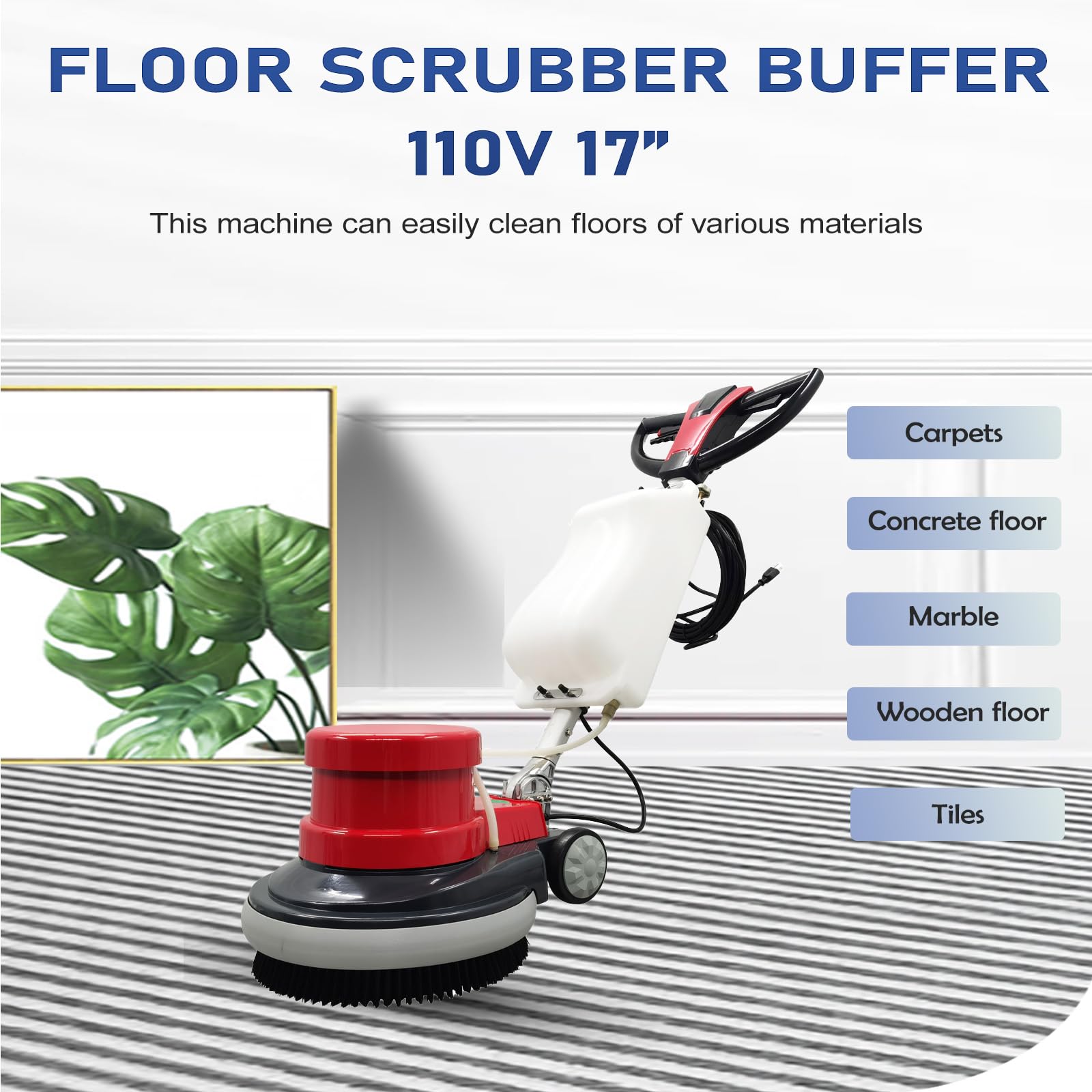 WYDDDARY 1100W Red Floor Polisher Commercial Floor Cleaner Polishing Machine Carpet Buffer Scrubber with 3gal Water Tank and 17" Base 154Rpm AC110V