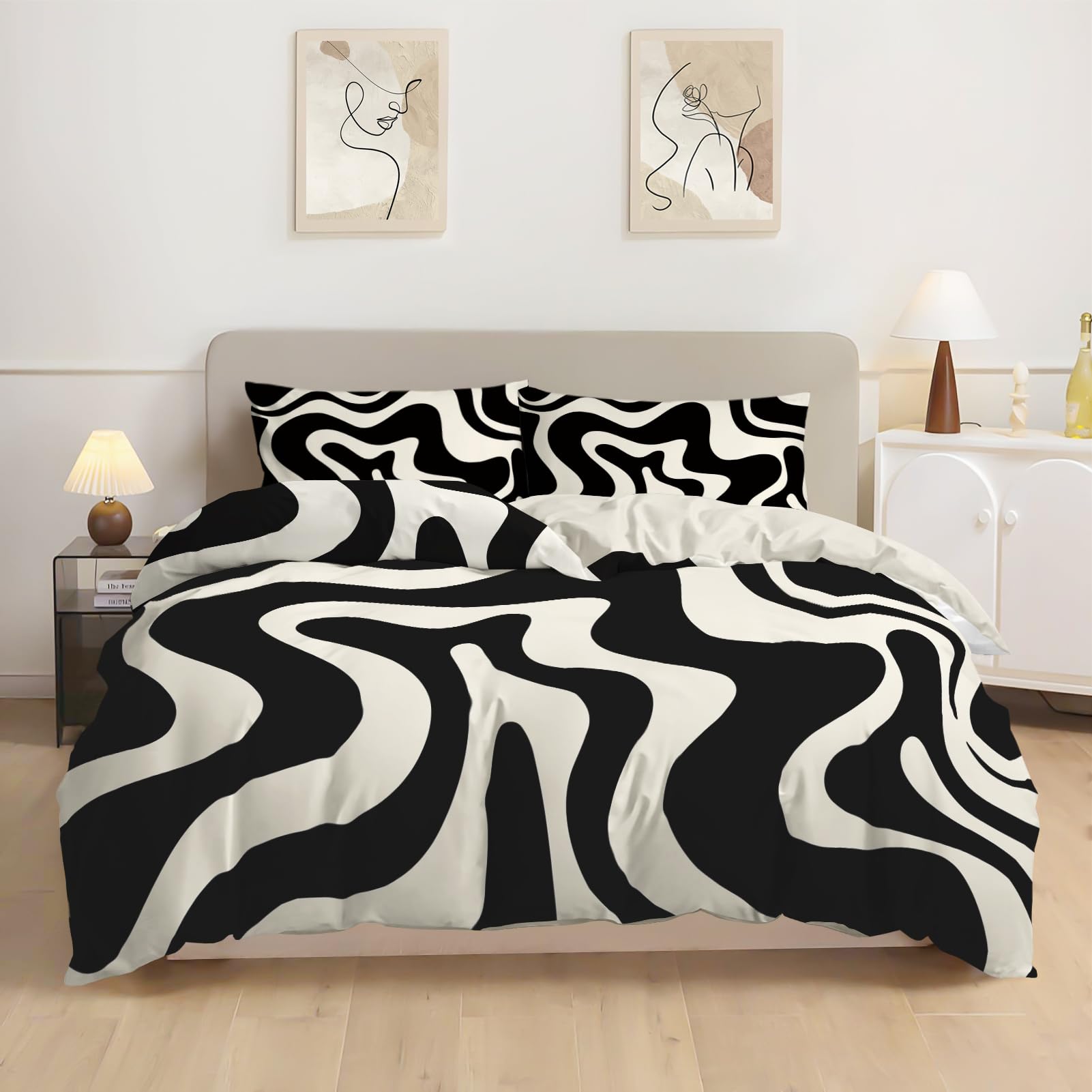 Rvciby Girls Black and White Stripe Duvet Cover Queen Size,Cotton and Polyester Trendy Duvet Cover Comforter Cover Set with Corner Ties &Zipper Closure,1 Duvet Cover&2 PillowShams for Boys Women Man