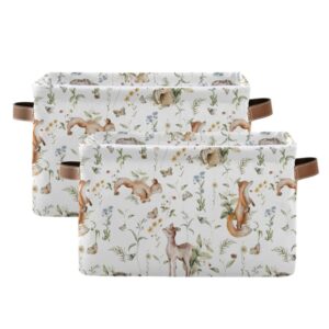 xigua Woodland Animals Storage Basket Foldable Storage Bin 2 Pack, Canvas Rectangular Storage Basket with Leather Handles for Home Closet & Office Decoration