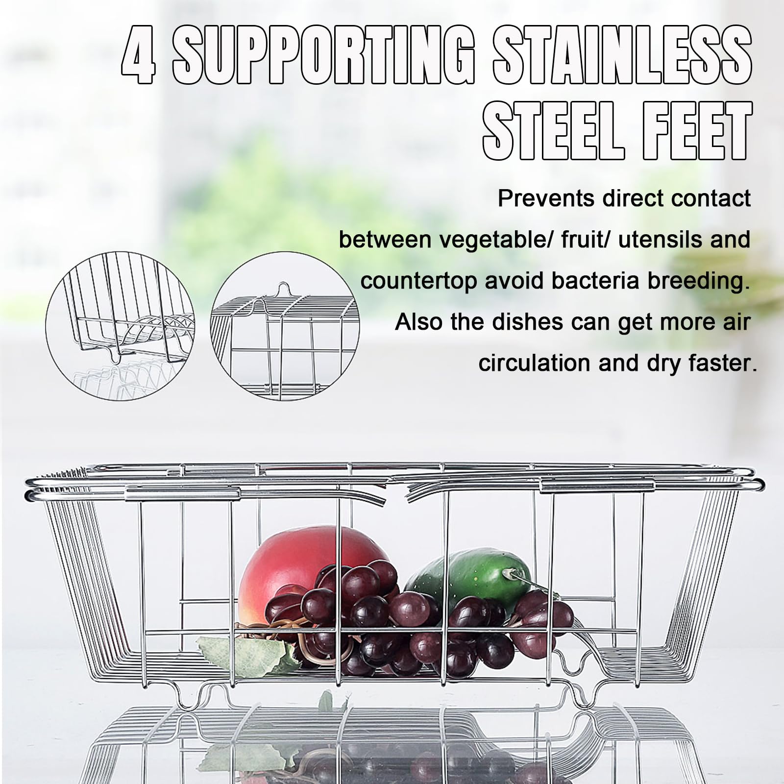 YHan Expandable Dish Drying Rack, Rustproof Stainless Over Sink Dish Drainer Rack Basket Shelf, 304 Stainless Steel Metal Dish Drainer in Sink or On Counter Organizer Dish Dryer Rack for Inside Sink