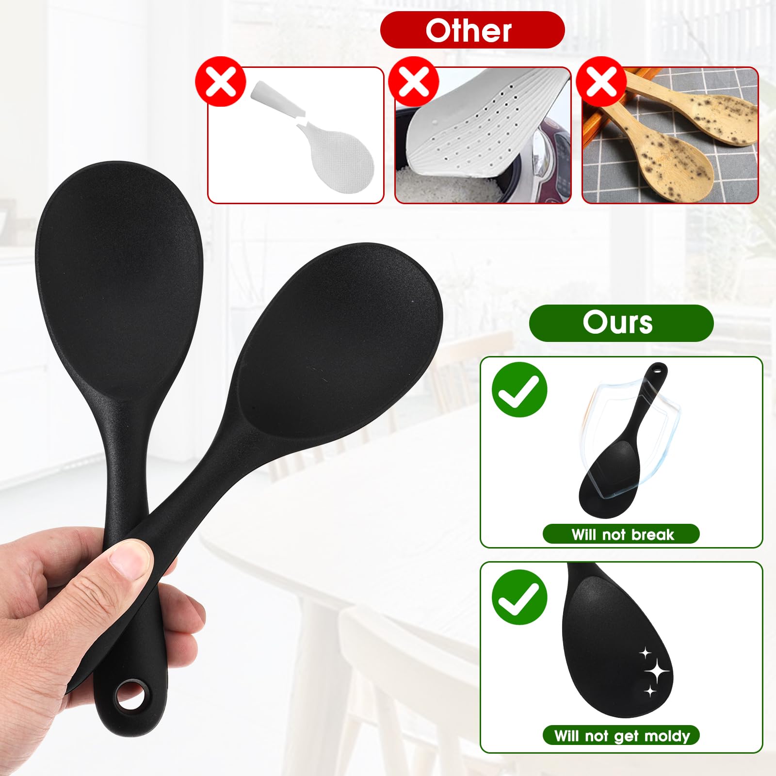 2Pcs Rice Spoon Paddle Silicone Black Rice Spoon Rice Cooker Spoon Non Stick Heat Resistant Kitchen Works for Rice Mashed Potato Salads