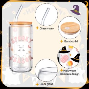 RimCereal 6 Pcs Ghost Halloween Cup Bulk 16 oz Pastel Halloween Ghost Decorations Mug Cute Halloween Gifts Spooky Iced Coffee Can Tumbler with Straw and Bamboo Lid Halloween Stuff for Women Men