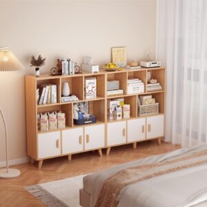 OSCHF Cubby Shelf Bookcase with Doors - Wooden 8 Cube Floor Standing Open Bookshelf with Solid Wood Legs, 3-Tier Storage Cabinet, Oak and Warm White