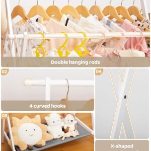 Cozivolife Kids Clothing Rack with 2 Hanging Rods and 4 Hooks, Kids Dress Up Rack with Bottom Storage Shelf, Child Garment Rack, Small and Foldable, Bamboo (White)