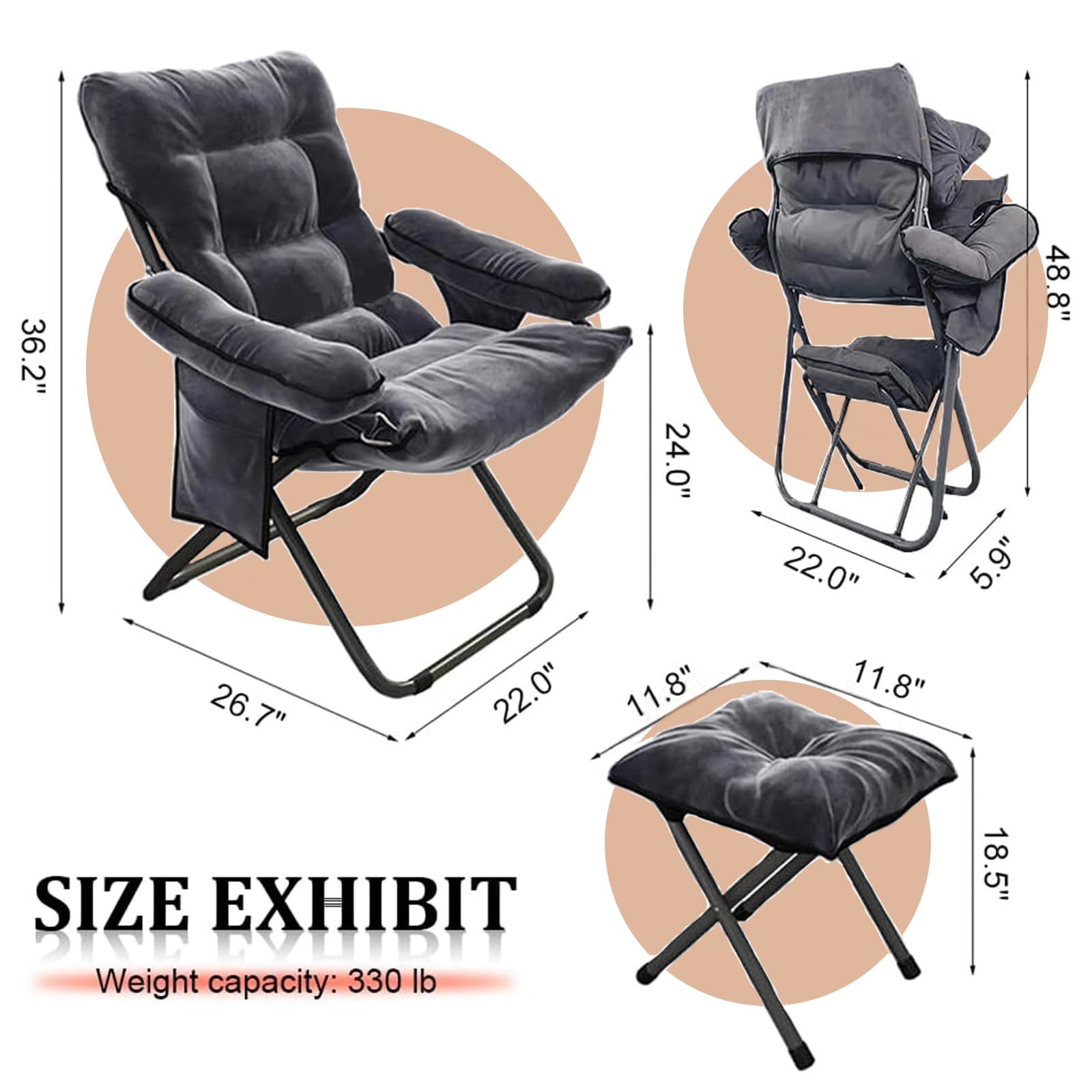 JNTKE Lazy Chair with Ottoman Foldable Aluminum Reclining with Armrests and Side Pocket Adjustable Reading Sofa Chair with Footrest for Bedroom/Office/Living Room/Grey