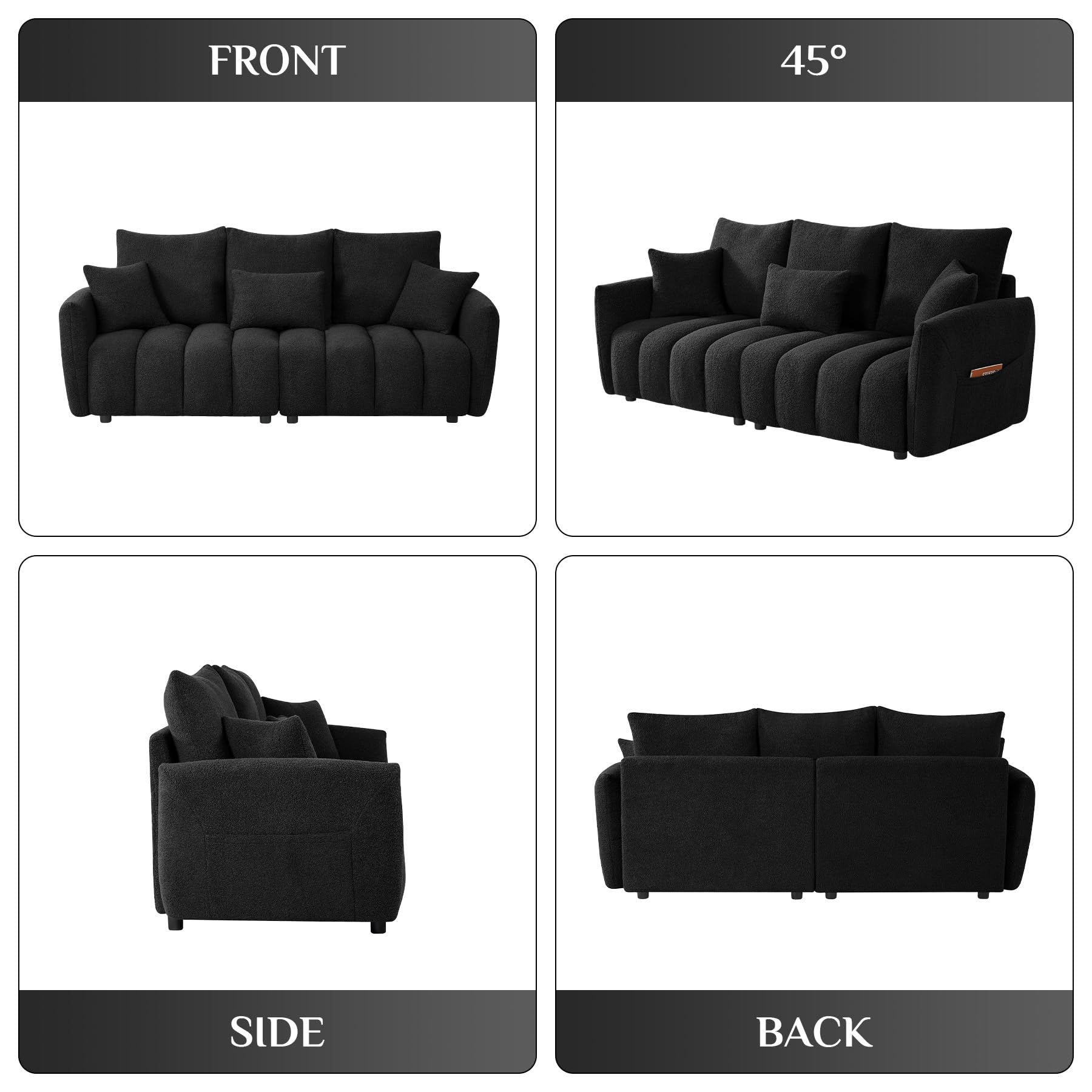 Wrofly Teddy Cloud Sofa Couch, Modern Deep Seat Boucle Sofa, 80.2" Comfy Upholstered Sherpa 3 Seater Couch with 3 Pillows, Oversized Loveseat for Living Room Apartment Office, Black