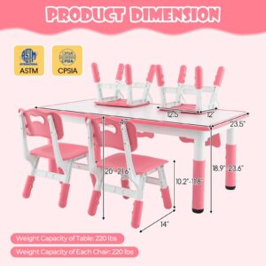 HONEY JOY Kids Table and Chair Set, Height Adjustable Children Activity Table and 4 Chairs Set w/Erasable Graffiti Desktop, Toddler Table and Chair Set for Daycare, Classroom, Home (Pink)