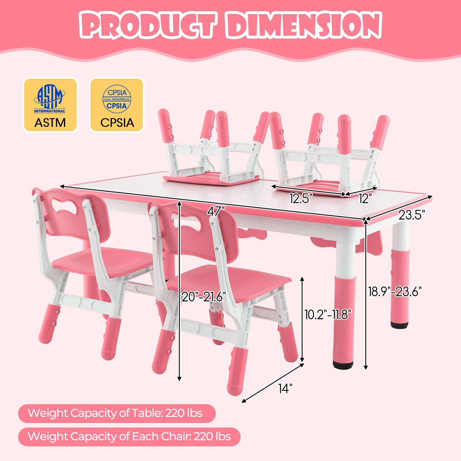 HONEY JOY Kids Table and Chair Set, Height Adjustable Children Activity Table and 4 Chairs Set w/Erasable Graffiti Desktop, Toddler Table and Chair Set for Daycare, Classroom, Home (Pink)