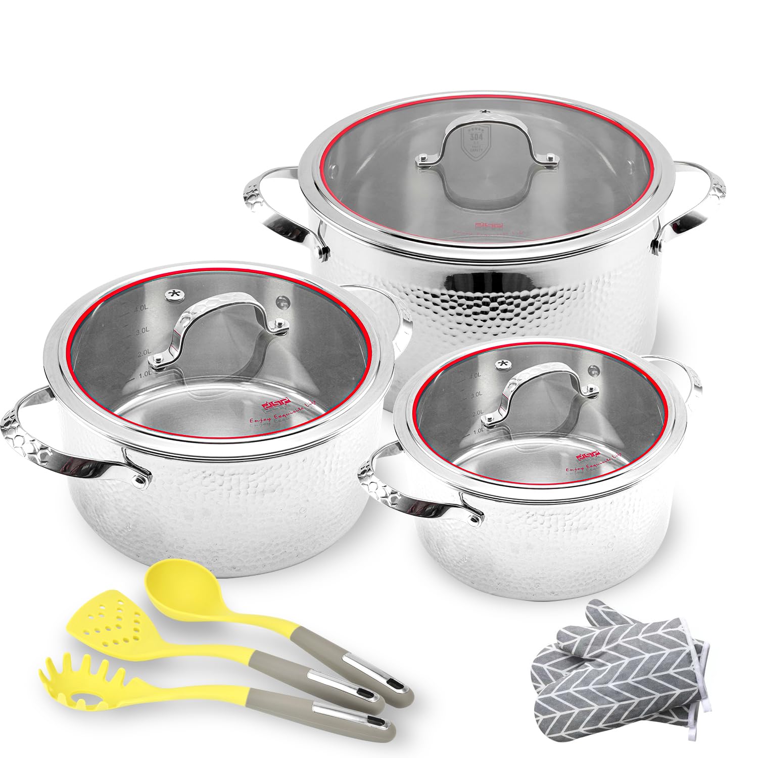 DSP 8 in 1 Premium Stainless Steel Stockpot Sets 3 5 10 Quart with Lids - Versatile Induction & Multi-Stove Compatible Large Cooking Pot, Ideal for Soup, Gumbo & Stew, Durable, Dishwasher Safe