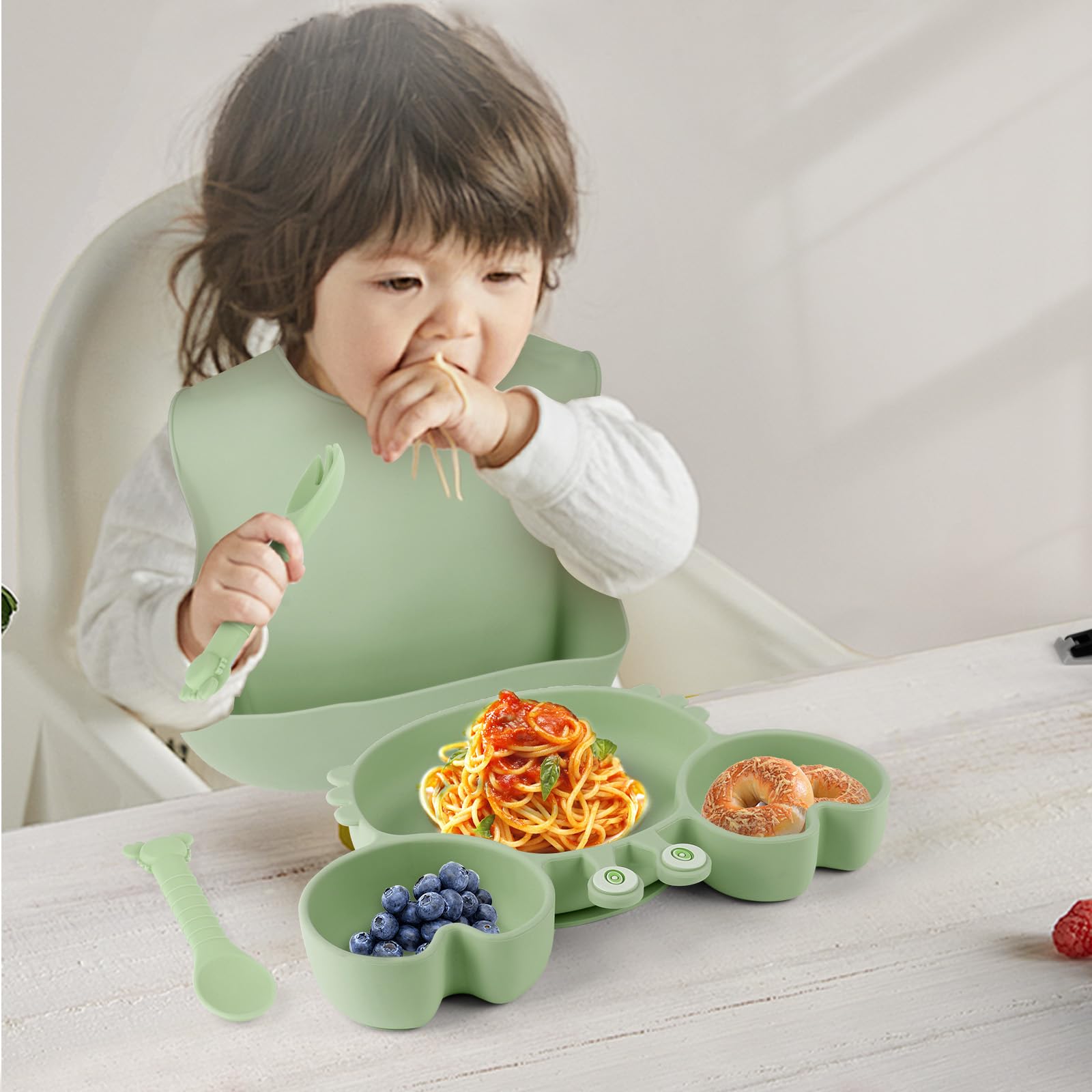 Silicone Baby Feeding Set with BPA-Free Suction Plates, Bowl, Silicone Bibs, Sippy Cup, 2 Set Forks and Spoons for Babies 8PCS Baby Led Weaning Supplies Self Feeding Utensils for Toddlers Kids (Green)