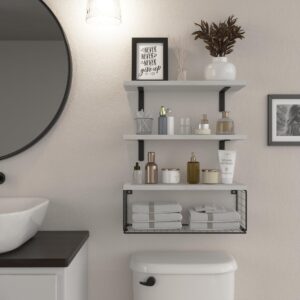 WOPITUES Bathroom Shelf Over Toilet, Floating Bathroom Shelf Wall Mounted with Wire Basket, Floating Shelf for Wall Décor-Modern White