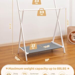 Cozivolife Kids Clothing Rack with 2 Hanging Rods and 4 Hooks, Kids Dress Up Rack with Bottom Storage Shelf, Child Garment Rack, Small and Foldable, Bamboo (White)