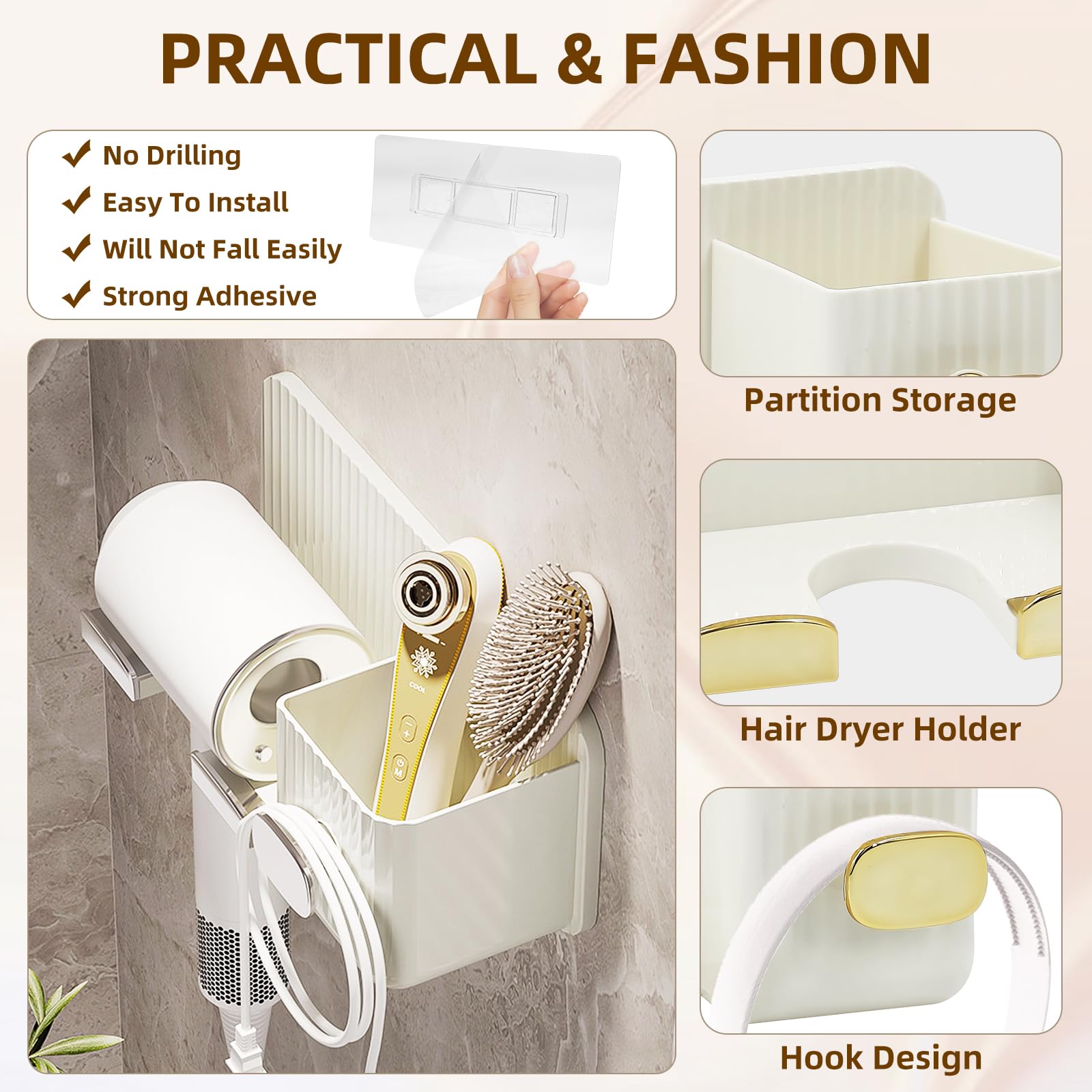 Universal Hair Dryer Holder Wall Mount, Hair Tool Organizer 2-in-1 Blow Dryer Holder with Cord Organizer Hook Self Adhesive for Cabinet Bathroom (White)