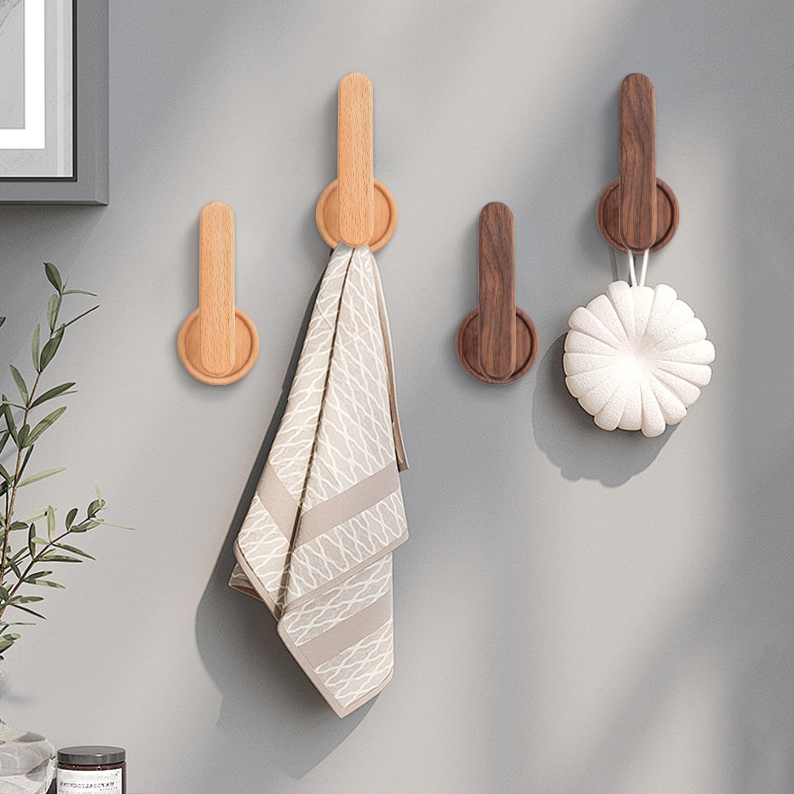 Wood Wall Hooks Adhesive Hooks Hair Hoop Holders Extended Natural Wooden Hooks for Hanging Hair Rings, Headbands, Scarves, Towels, Coat, Keys, Bags in Bathroom and Bedrooms (Black Walnut Wood)