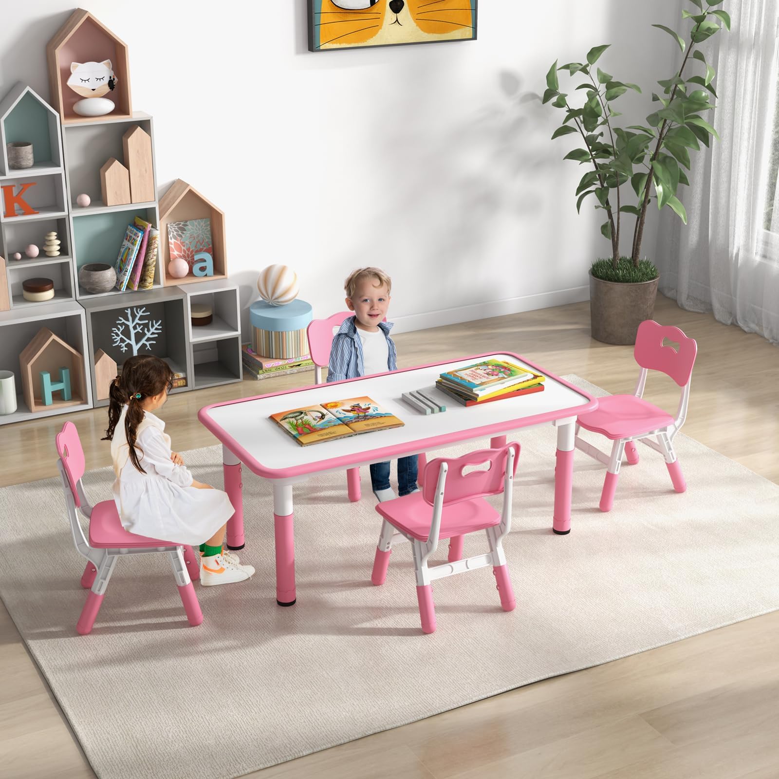 HONEY JOY Kids Table and Chair Set, Height Adjustable Children Activity Table and 4 Chairs Set w/Erasable Graffiti Desktop, Toddler Table and Chair Set for Daycare, Classroom, Home (Pink)