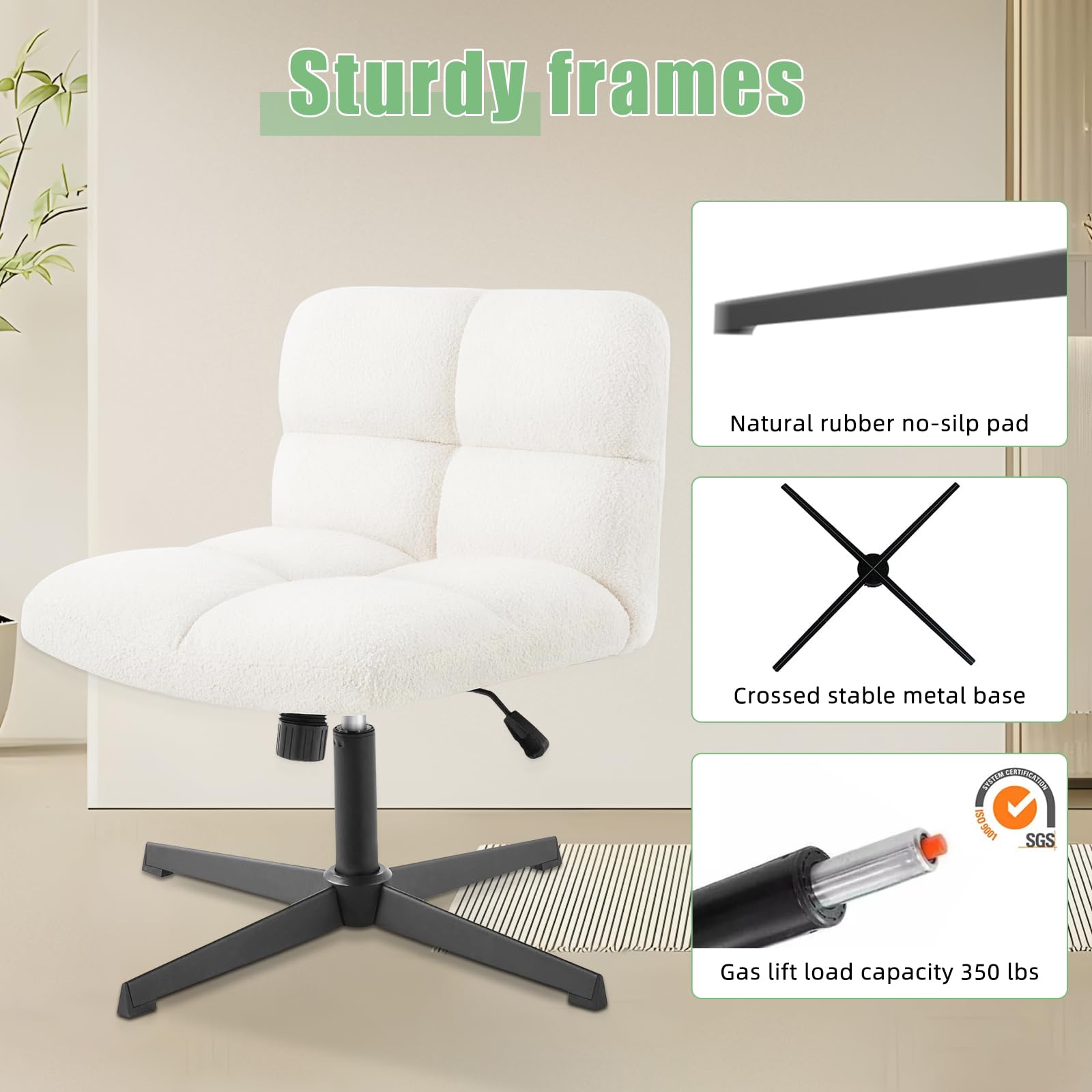 Criss cross chair, Thickened soft cushion,Cross-legged office chair in velvet fabric without arms and without wheels, adjustable tilt, height, make-up, office, home can use crisscross chair.（White）