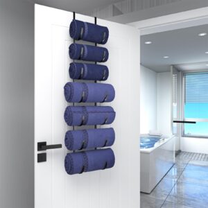 XRMAO Upgrated 7-Tier Over The Door Towel Racks, Metal Wall Mounted Towel Holder with Adjustable Door Hooks, Rolled Towel Organizer for Bathroom, Laundry Room, Black