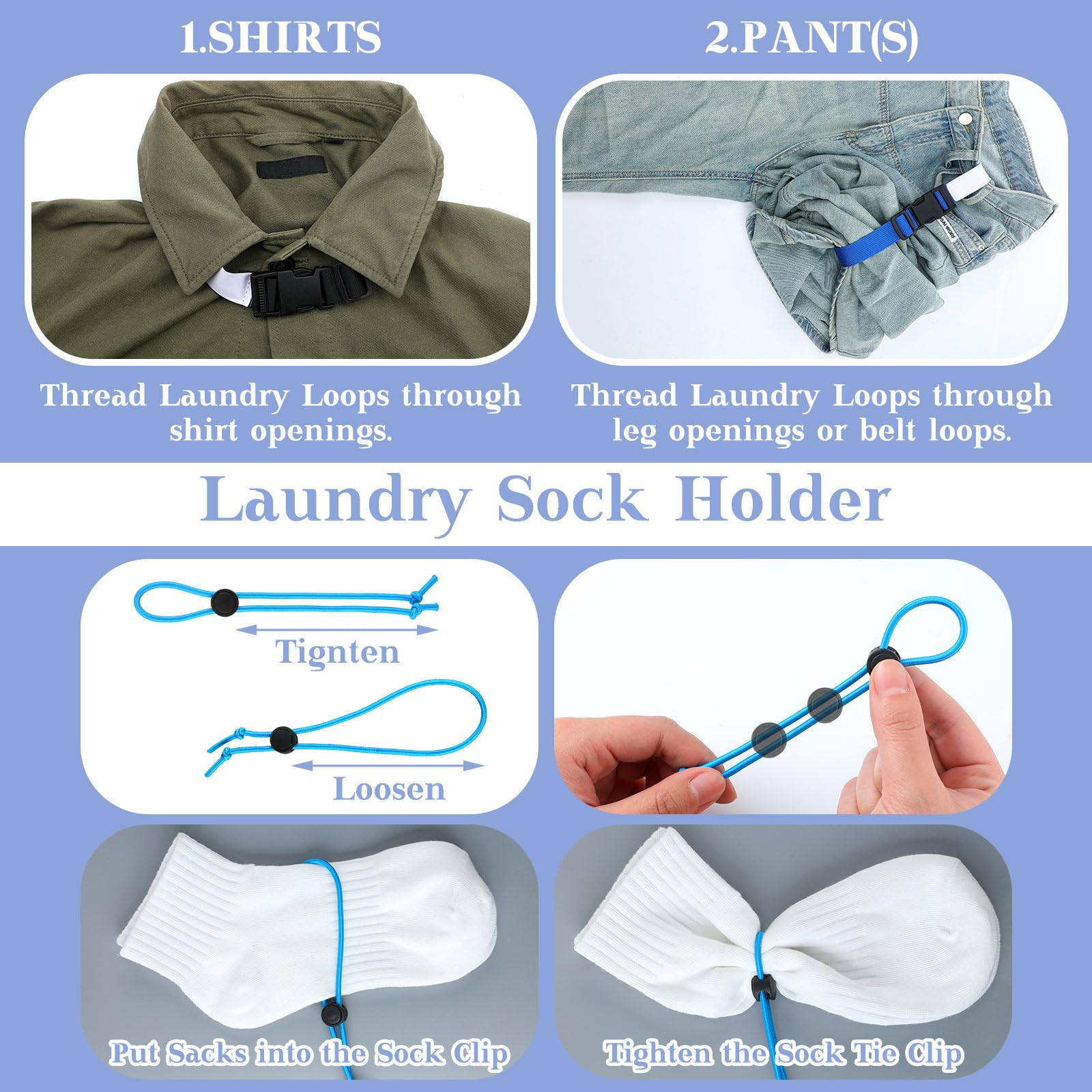 Lineshading 49 Pcs Laundry Strap Sock Clips Set Includes 24 Pcs Laundry Strap with Buckle and 25 Pcs Sock Clips for Laundry Nylon Strap Sock Organizer Accessories Tools for Washing Machine and Dryer