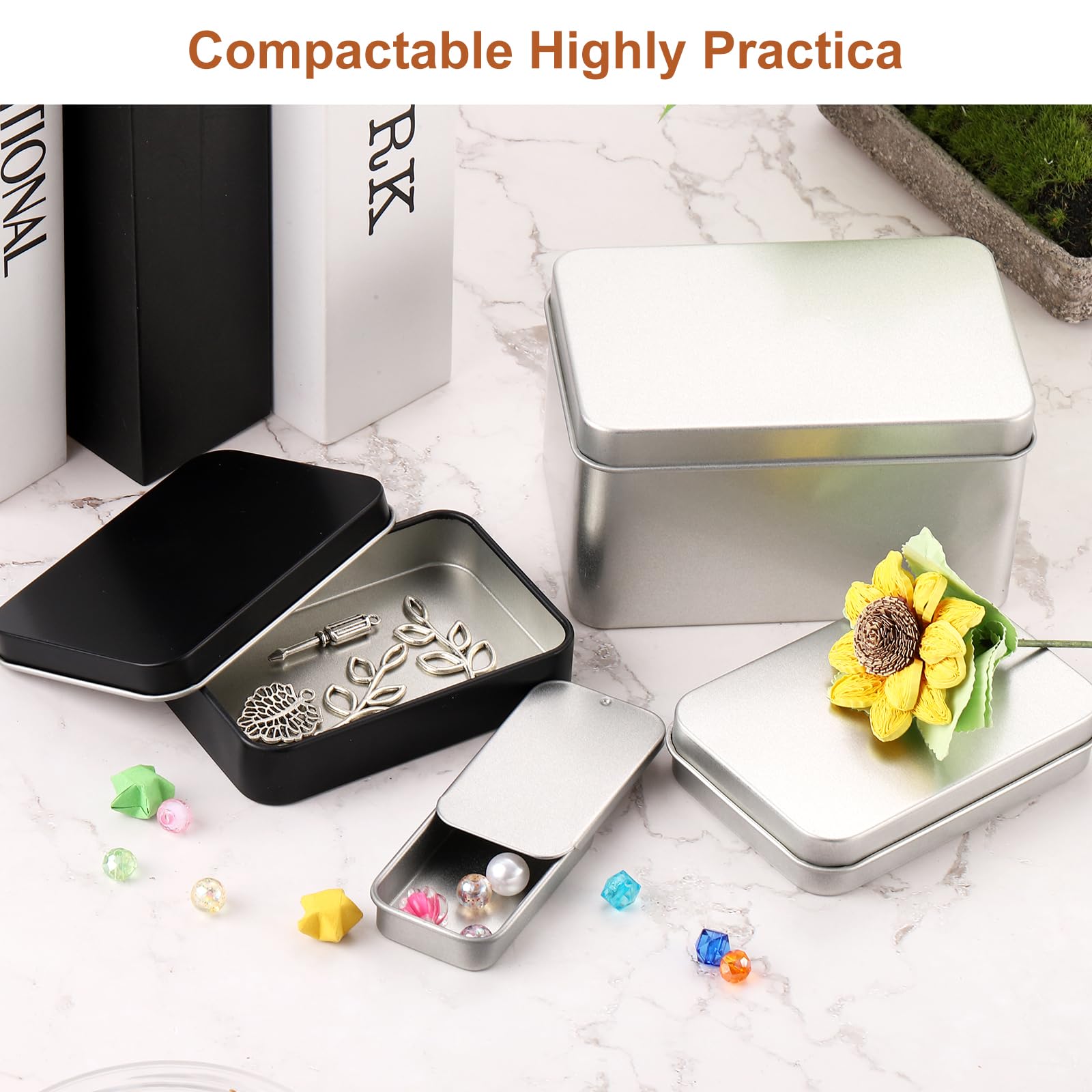 uxcell Metal Tin Box Containers, 2Pcs 2.4x1.3x0.4 Inch Silver Mini Portable Metal Slide Top Tin Containers for Jewelry Crafts