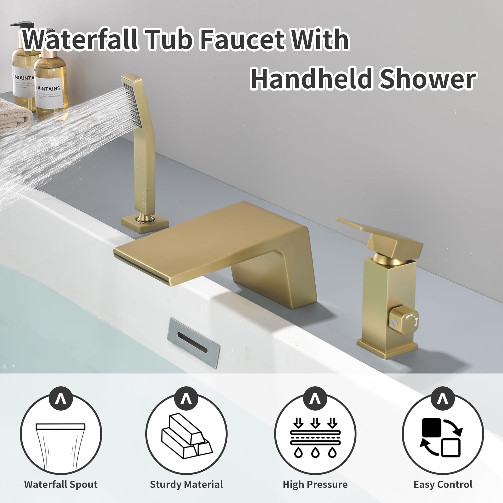 Waterfall Roman Tub Faucet with Hand Shower Deck Mount Bathtub Faucet with Hand Shower Widespread Bathtub Faucets Set Bathtub Shower Faucet Set Brushed Gold - 1725BG