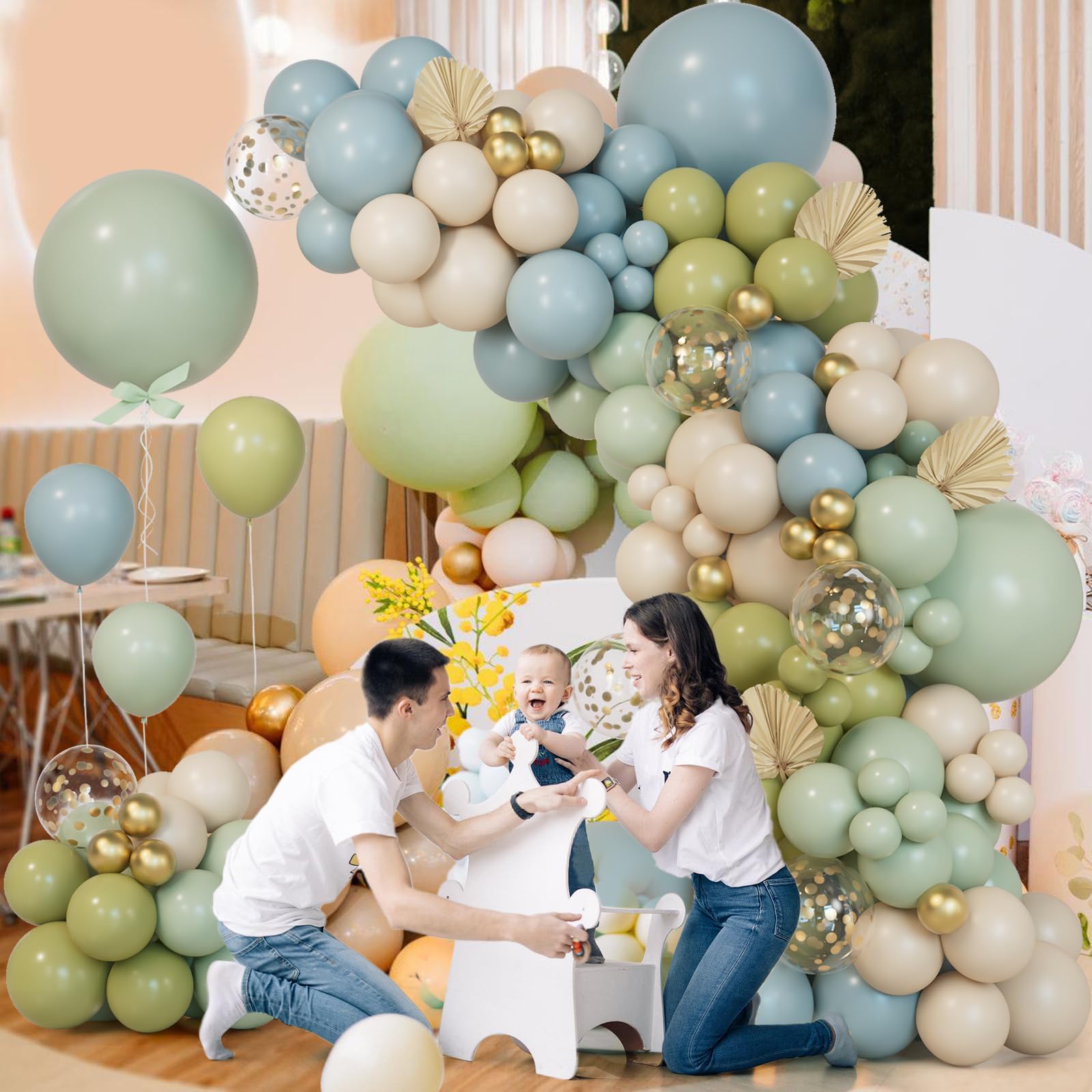 161Pcs Dusty Green and Blue Balloon Garland Arch Kit,Dusty Green Ash Mist Green Haze Fog Blue Sand White Gold Balloons for Birthday Baby Shower Jungle Safari Neutral Wedding Party Decorations