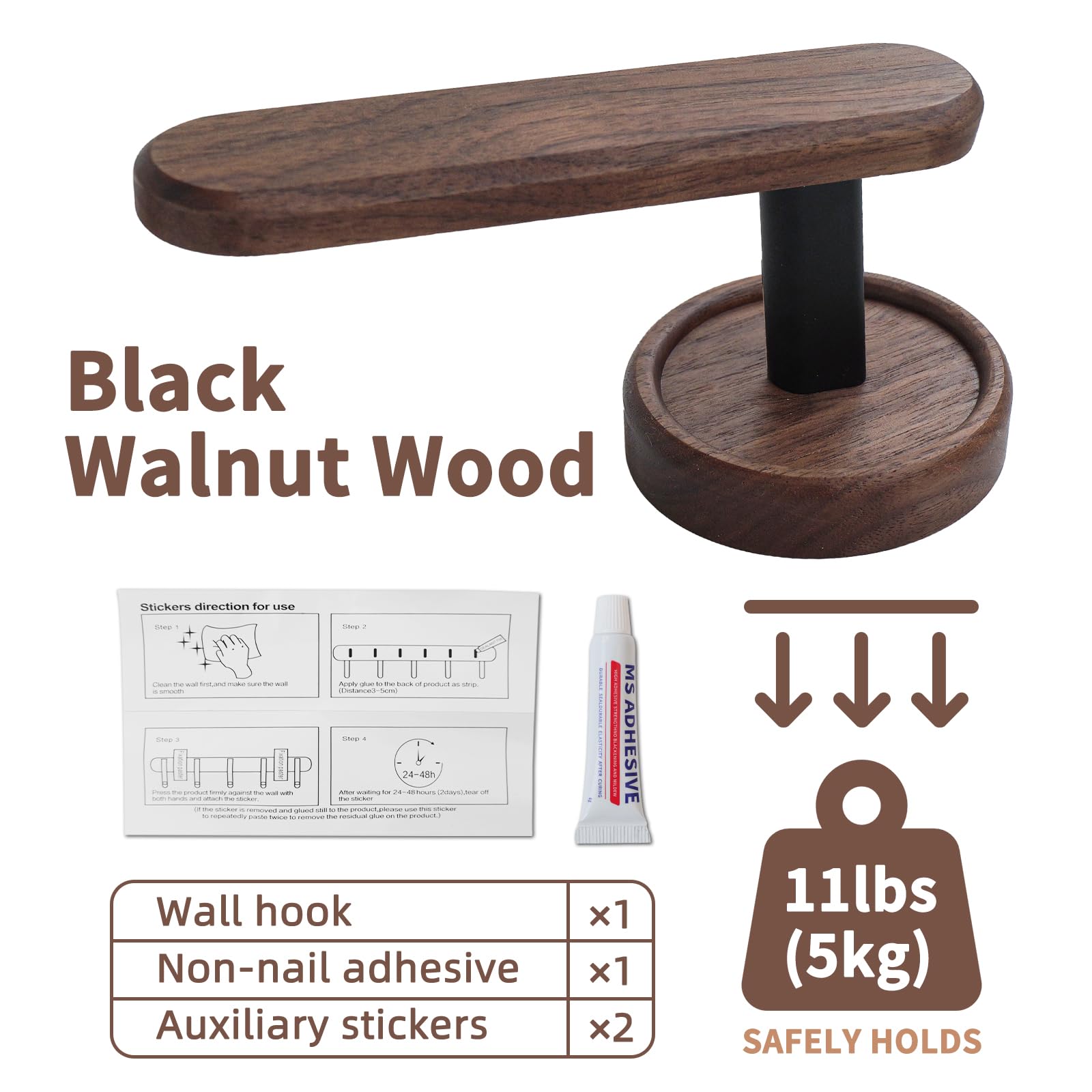 Wood Wall Hooks Adhesive Hooks Hair Hoop Holders Extended Natural Wooden Hooks for Hanging Hair Rings, Headbands, Scarves, Towels, Coat, Keys, Bags in Bathroom and Bedrooms (Black Walnut Wood)