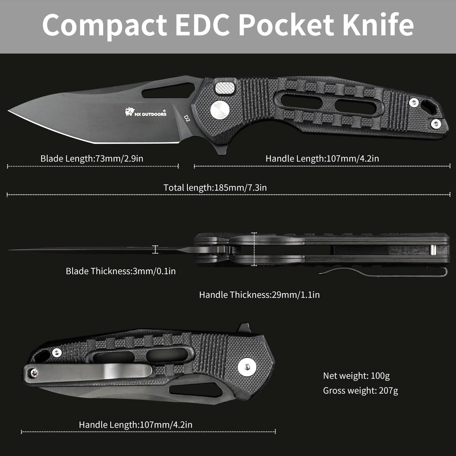 HX OUTDOORS Pocket Knife with Lock, Premium D2 Steel Folding Knife with Pocket Clip and Non Slip G10 Handle for Men，Outdoor, Survival, Camping, Hiking