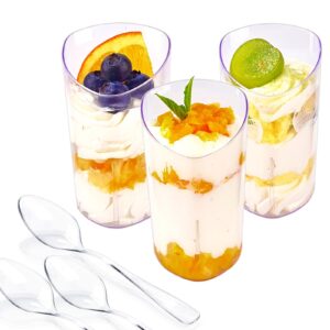 legredic 50 pack mini dessert cups with spoons, 3 oz clear plastic parfait appetizer cups, small reusable shooter serving bowls for tasting, slanted triangle dessert shot glasses