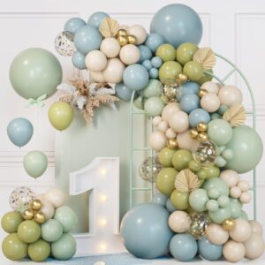 161pcs dusty green and blue balloon garland arch kit,dusty green ash mist green haze fog blue sand white gold balloons for birthday baby shower jungle safari neutral wedding party decorations