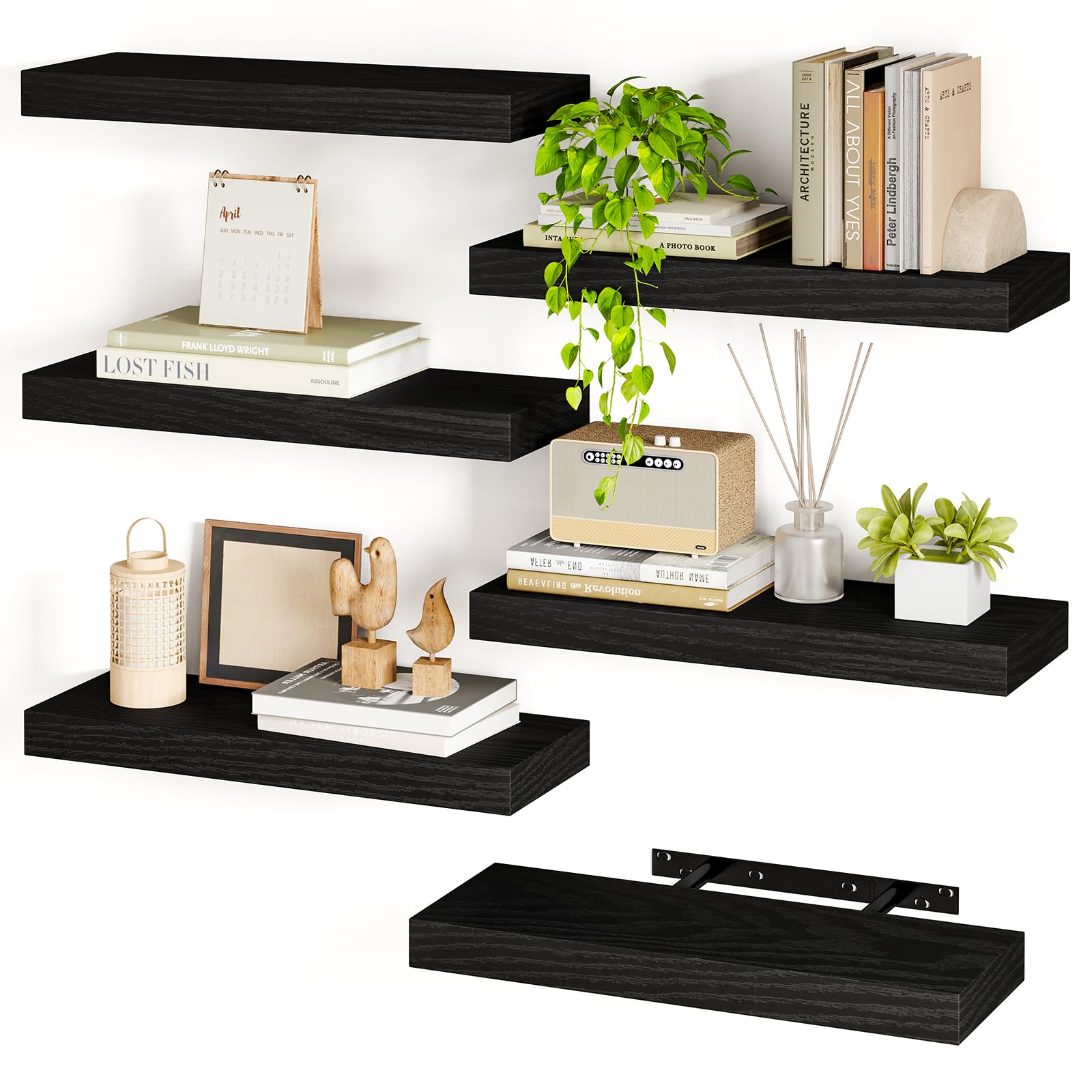 Fixwal 15.8in Black Floating Shelves, Set of 6 Wood Shelves, Farmhouse Shelf Wall Decor for Bathroom, Bedroom, Living and Kitchen Room