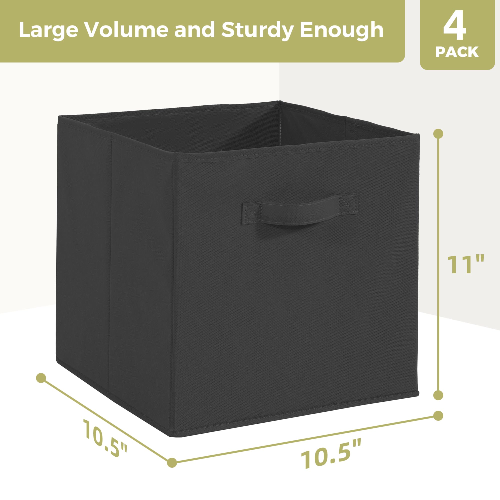 STORAGEIDEAS Storage Cubes, 11 Inch Cube Storage Bins, Set of 4, Fabric Foldable Storage Bins with Handles, Closet Storage Organizer Bins, Cubby Clothing Storage Baskets for Shelves, Black