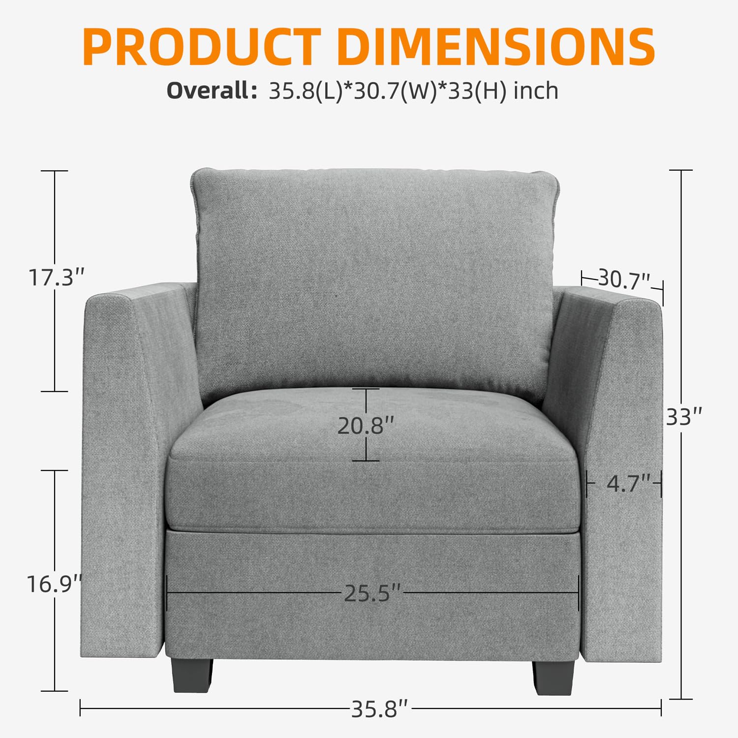 IDEALHOUSE Modular Sectional Accent Chair with Storage Seat, Linen Fabric Modern Sofa Chair with Strong Wood Frame, Upholstered Armchair with Reading Chair for Living Room Small Spaces, Grey