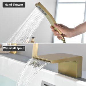 Waterfall Roman Tub Faucet with Hand Shower Deck Mount Bathtub Faucet with Hand Shower Widespread Bathtub Faucets Set Bathtub Shower Faucet Set Brushed Gold - 1725BG