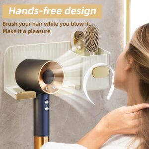 Universal Hair Dryer Holder Wall Mount, Hair Tool Organizer 2-in-1 Blow Dryer Holder with Cord Organizer Hook Self Adhesive for Cabinet Bathroom (White)