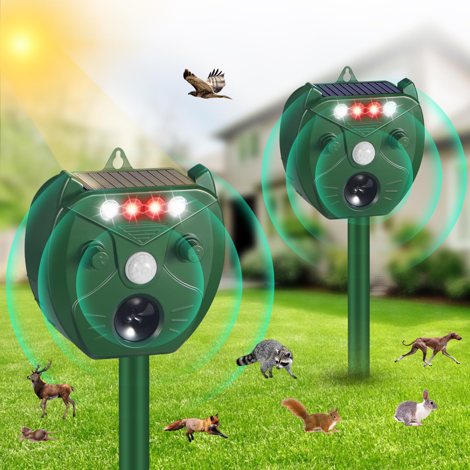 2 Pcs Ultrasonic Animal Repellent Outdoor Cat Repellent Deer Repellent Devices with PIR Sensor & Red/White Strobe Light Solar Animal Repeller Squirrel Repellent Raccoon Rabbit Bird Repellent Deterrent