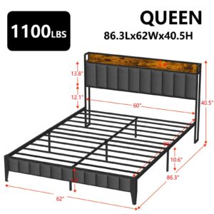 Queen Bed Frame, Storage Headboard with USB Ports & Charging Station, No Box Spring Needed, Noise-Free, Heavy Duty Metal Frame Support, Easy Assembly