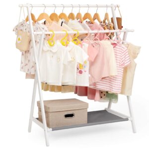 cozivolife kids clothing rack with 2 hanging rods and 4 hooks, kids dress up rack with bottom storage shelf, child garment rack, small and foldable, bamboo (white)